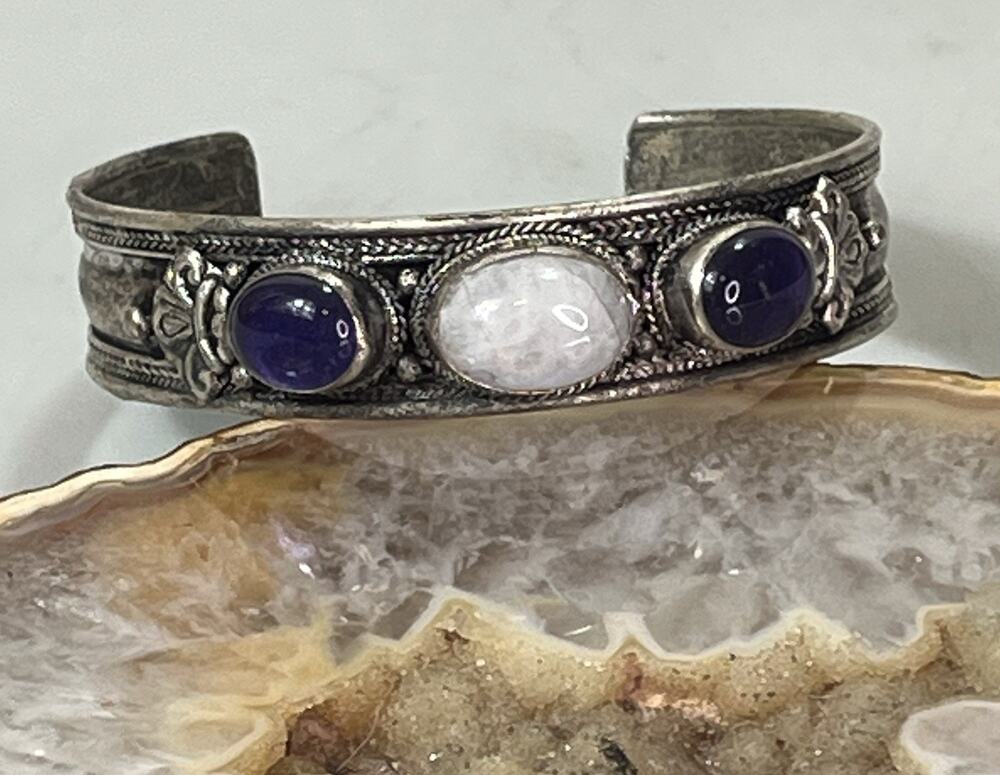 VTG Tibetan Silver Tone Mixed Metal Lapis Lazuli Moonstone Boho Cuff Bracelet